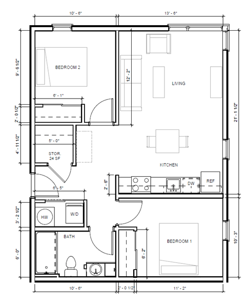 Floor plan for 2 beds, 1 bath, 821 sqft